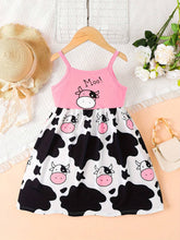 Girls Cute Farm Cow Print Cami Dress For Party Vacation, Comfy Casual Dresses For Kids Gift